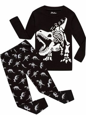 Kids Black T-Rex Skeleton Pajama Set Glow in the dark 4T